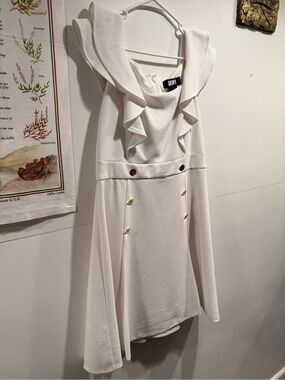 DKNY White Ruffle-Trim Mini Dress with Gold Buttons